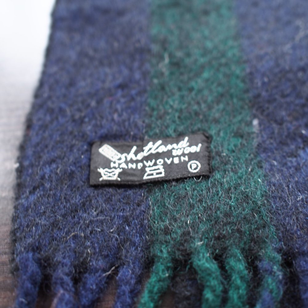 Shetland wool scarf blue green stripe